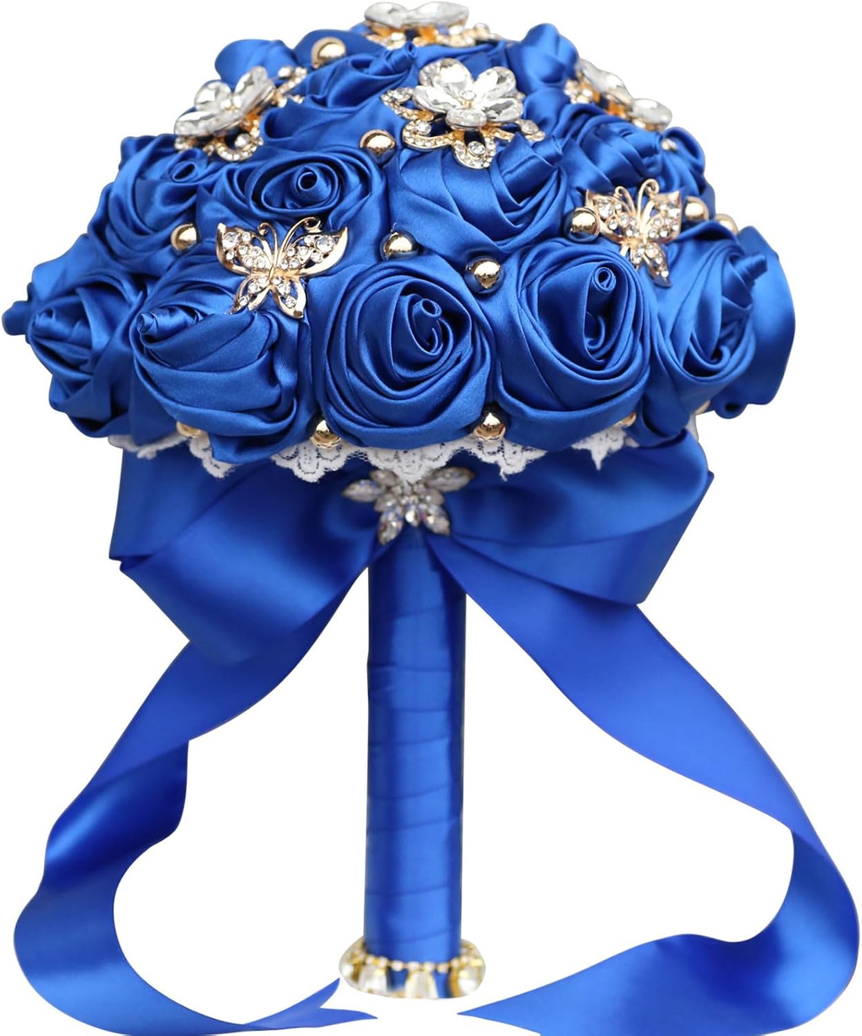 Wedding Bouquet Royal Blue Satin Flower 7 Inch Bridal Holding Bridesmaid Button Brooch Silk Rose Bouquet for Indoor Outdoor Garden Church Wedding Bridal Shower Quinceanera (#295 Royal Blue)