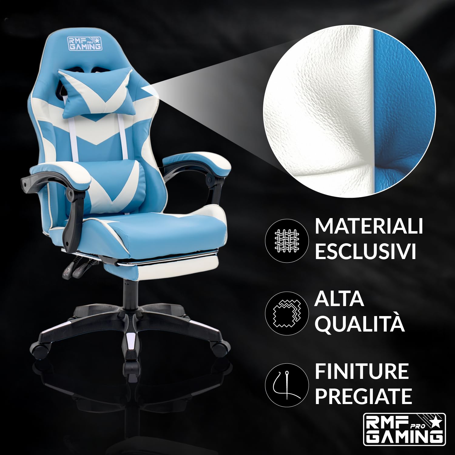 RMF Profesjonalne ergonomiczne krzesło do gier, fotel do gier, wygodne i relaksujące siedzisko z podnóżkiem, krzesło dla gracza z obrotowymi kółkami, regulowana wysokość (jasnoniebieski)