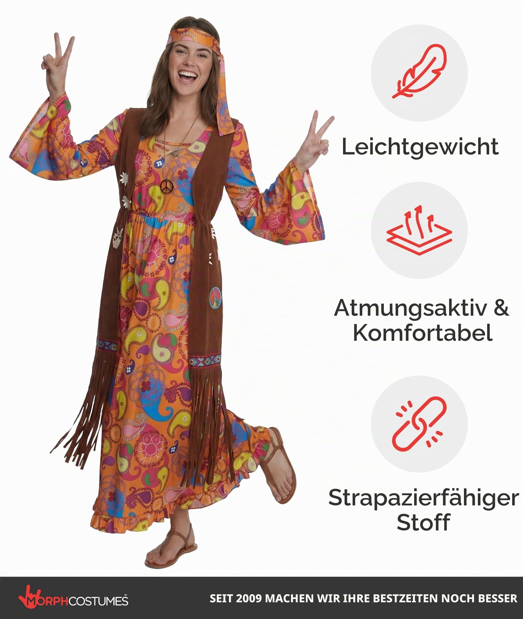 Morph Hippie Kostüm Damen, 70er Jahre Outfit Damen, 70er Jahre Bekleidung, Hippie Kleid, Schlagermove Outfit Frauen, Karneval Kostum Frauen, Fasching