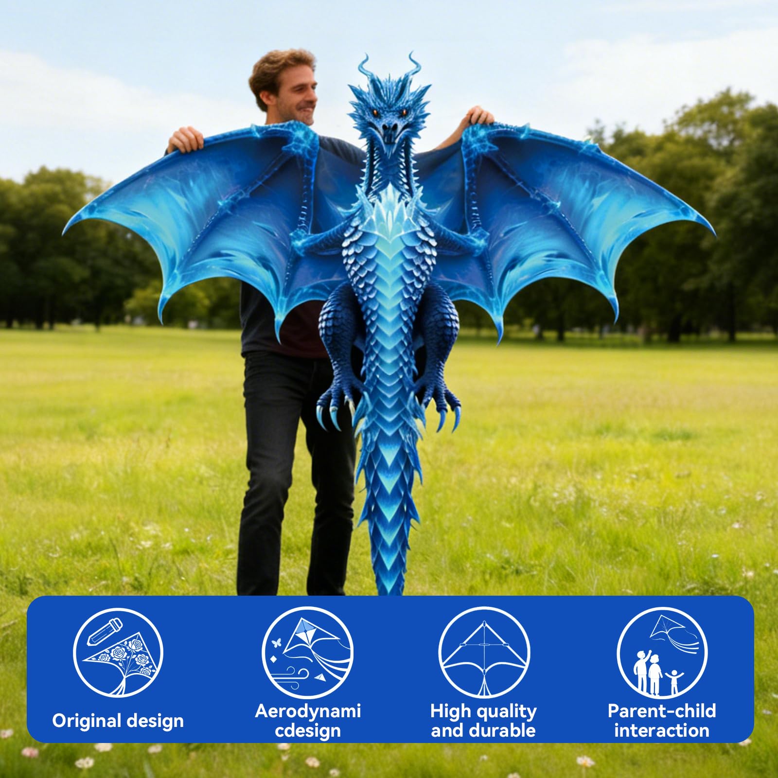 Cometa dragón grande para niños y adultos, fácil de volar con cuerda de 300 pies, perfecta para playa, parque, actividades al aire libre, regalo para niños y niñas (hielo)