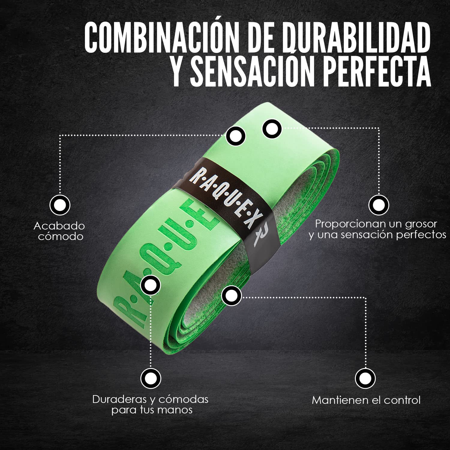 Raquex Grip Autoadhesiva para Raqueta: Pádel, Tenis, Bádminton, Squash - Pegajoso, Duradero, Absorbente, 14 Colores
