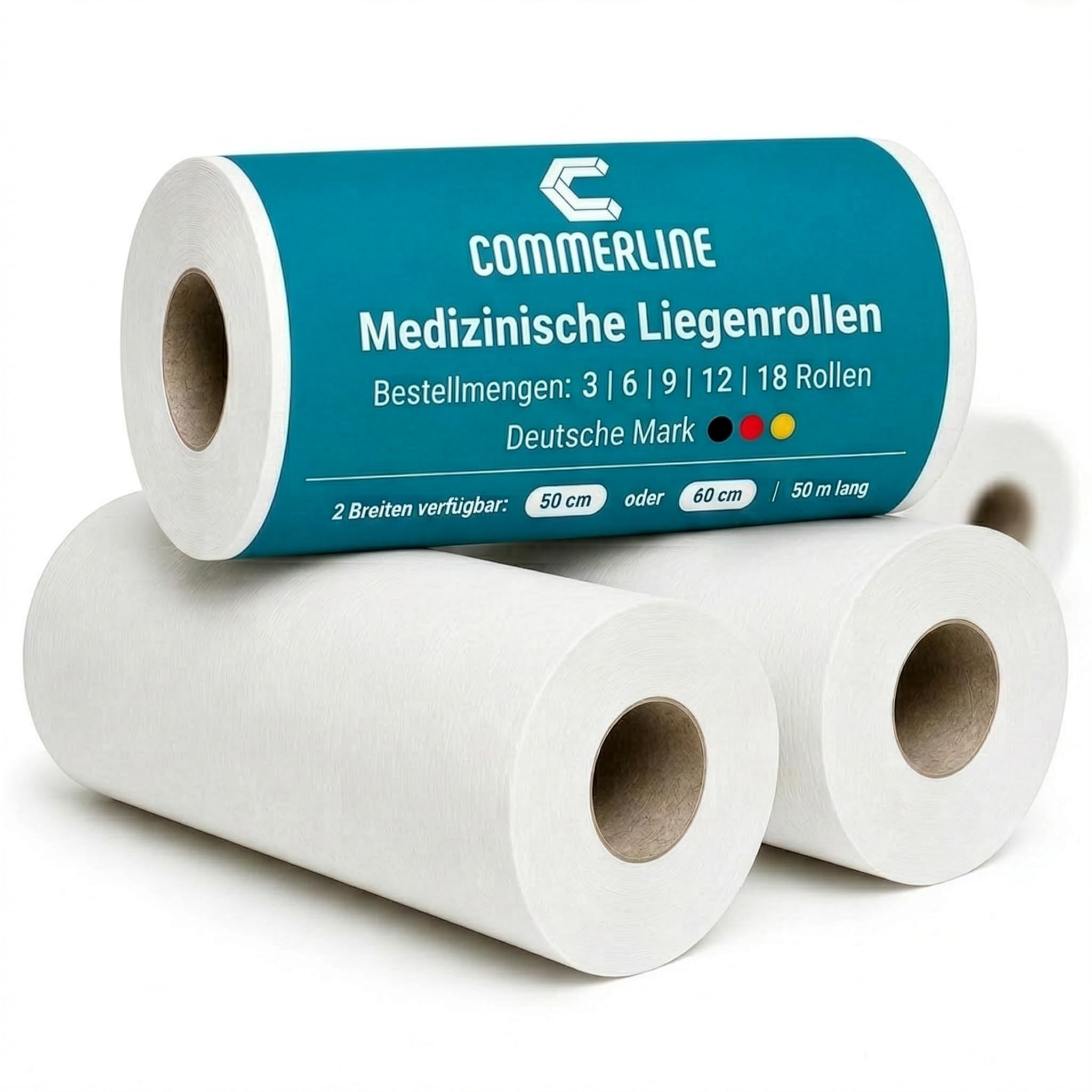 Commerline Rollos Médicos | 6 Rollos | 50 cm x 50 m 2 Capas | Cubierta Desechable Para Tumbonas | Fundas Blancas De Alta Calidad | Higiénicos | Ideal Para Consultas, Médicos, Masajes, Cosméticos | Cojín desechable de 2 capas para tumbonas de examen y masa