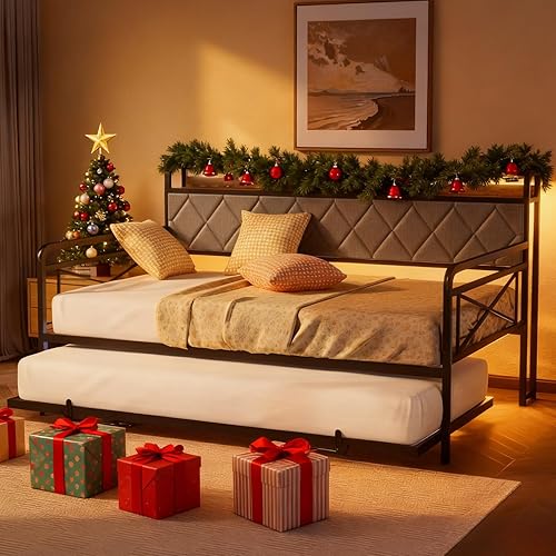 VINGLI Full Daybed with Trundle Bed, Upholstered Day Bed with LED Light & Charing Station, Sofa Bed Frame with Storage Headboard and Heavy Duty Metal Slats, for Living Room, Bedroom, Guest Room, Gray