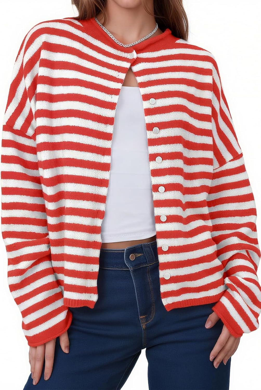 Womens Striped Cardigan Sweaters Casual Trendy Open Front Long Sleeve Button Down Lightweight Knit Fall Sweater