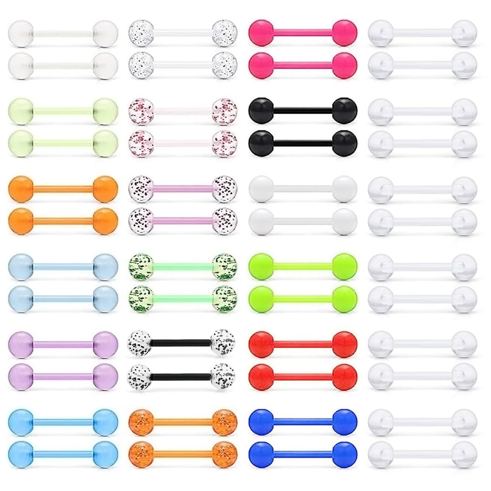 Colexy 48 Piezas Piercing Lingua Plastica, Piercing Pezon, Piercing Lengua Acero Quirurgico, Piercing Lengua, Piercing Langue, Claro Piercing Lengua Pezón Aro 14G Acrílico Brillan en la oscuridad Barbell