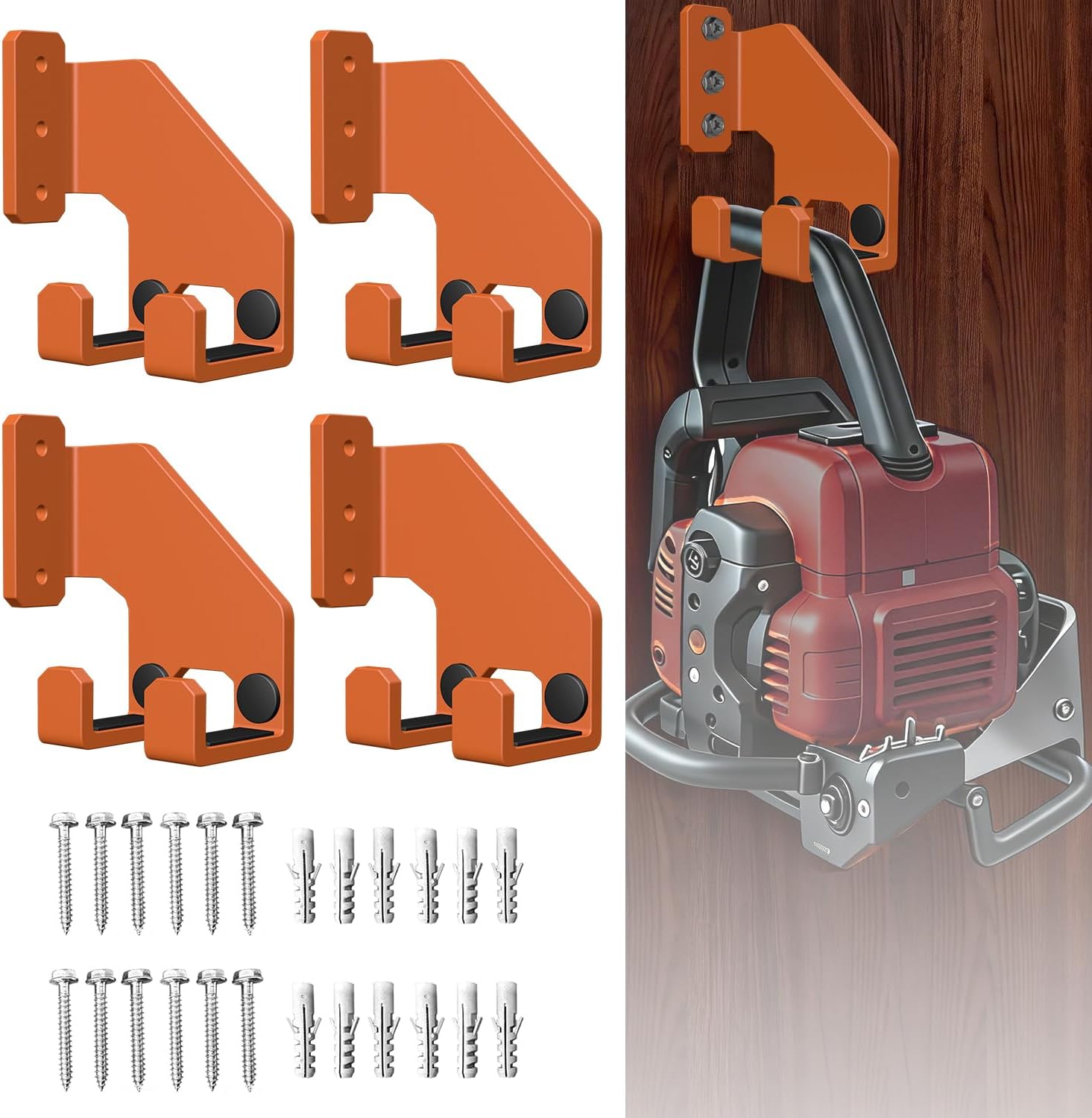 Heavy-Duty Chainsaw Wall Mount Holder (4-Pack) - Orange Metal Brackets with Hardware Kit for Garage Storage, Compatible with Stihl Husqvarna Echo Chainsaws - Horizontal/Vertical Hanging Storage