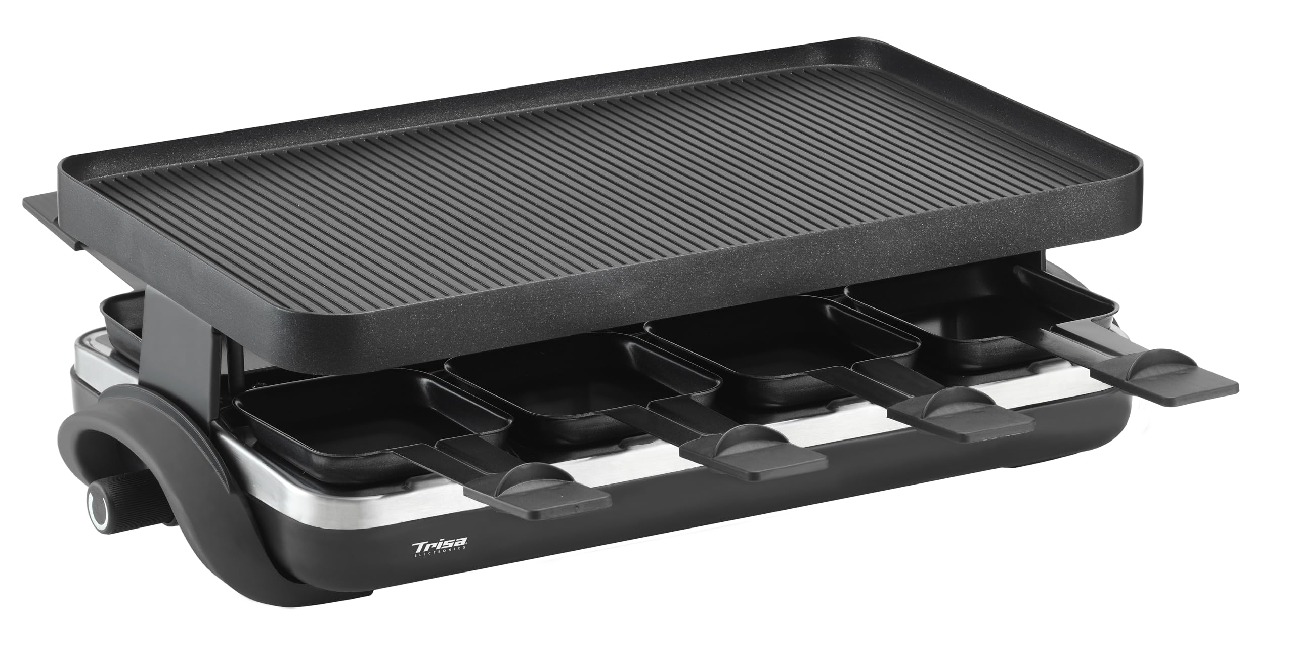 Trisa Raclette Supreme 8 Grill, 1500W, 8 Pfännchen, Guss-Aluminium Platte | 8 Antihaft-Pfännchen & Spachtel, Guss-Aluminium Grillplatte, 1500W, Stufenloser Temperaturregler