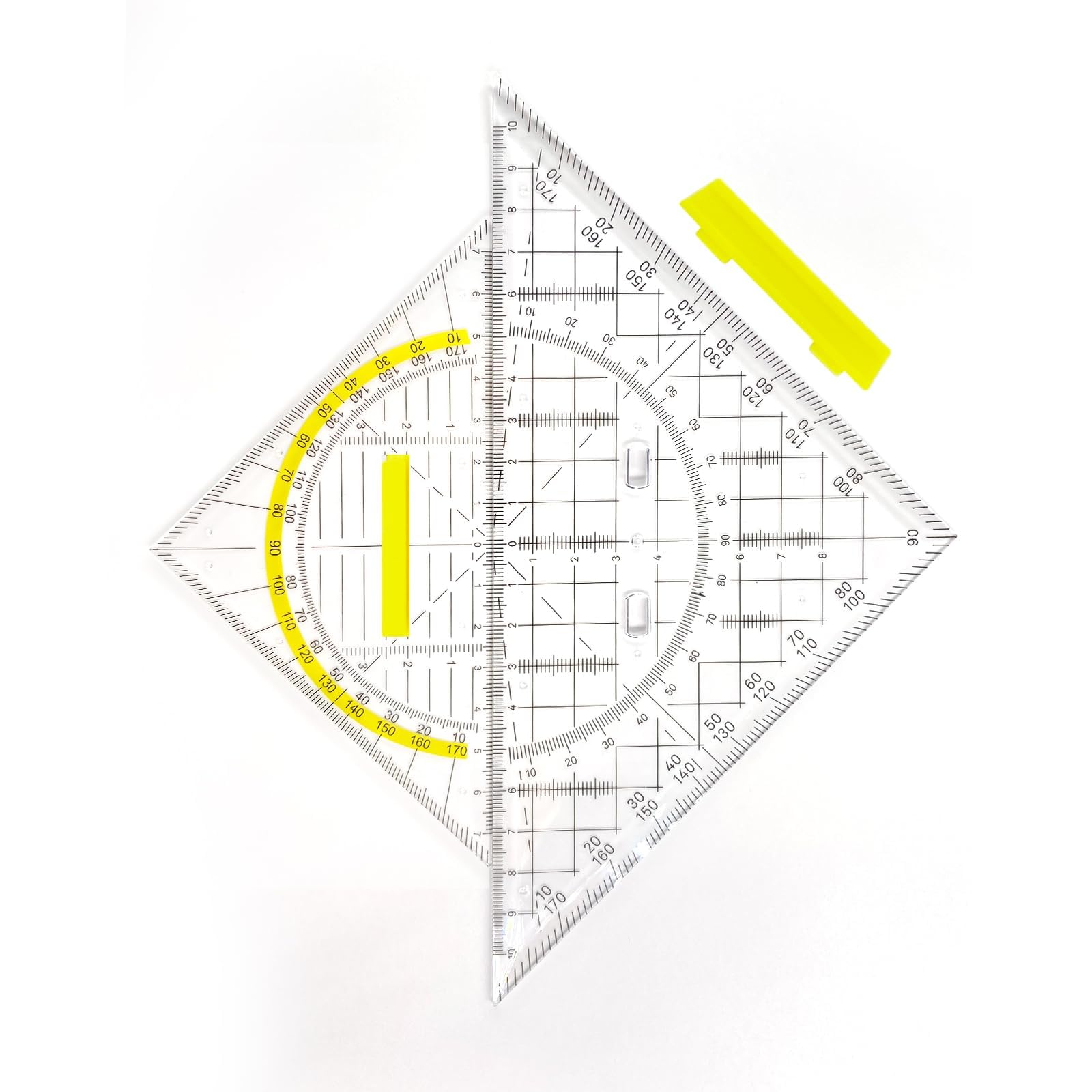 Trójkąty geometryczne z uchwytem, 20 cm i 14 cm, kątomierz, zdejmowany uchwyt, wypustki do tuszu, skala metryczna, zestaw 2 sztuk