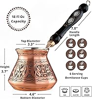 Vista 2 de BCS cafetera grande de cobre para café turco, griego y árabe con mango de madera (18 onzas, 6 porciones) Cezve Ibrik Briki para cocina