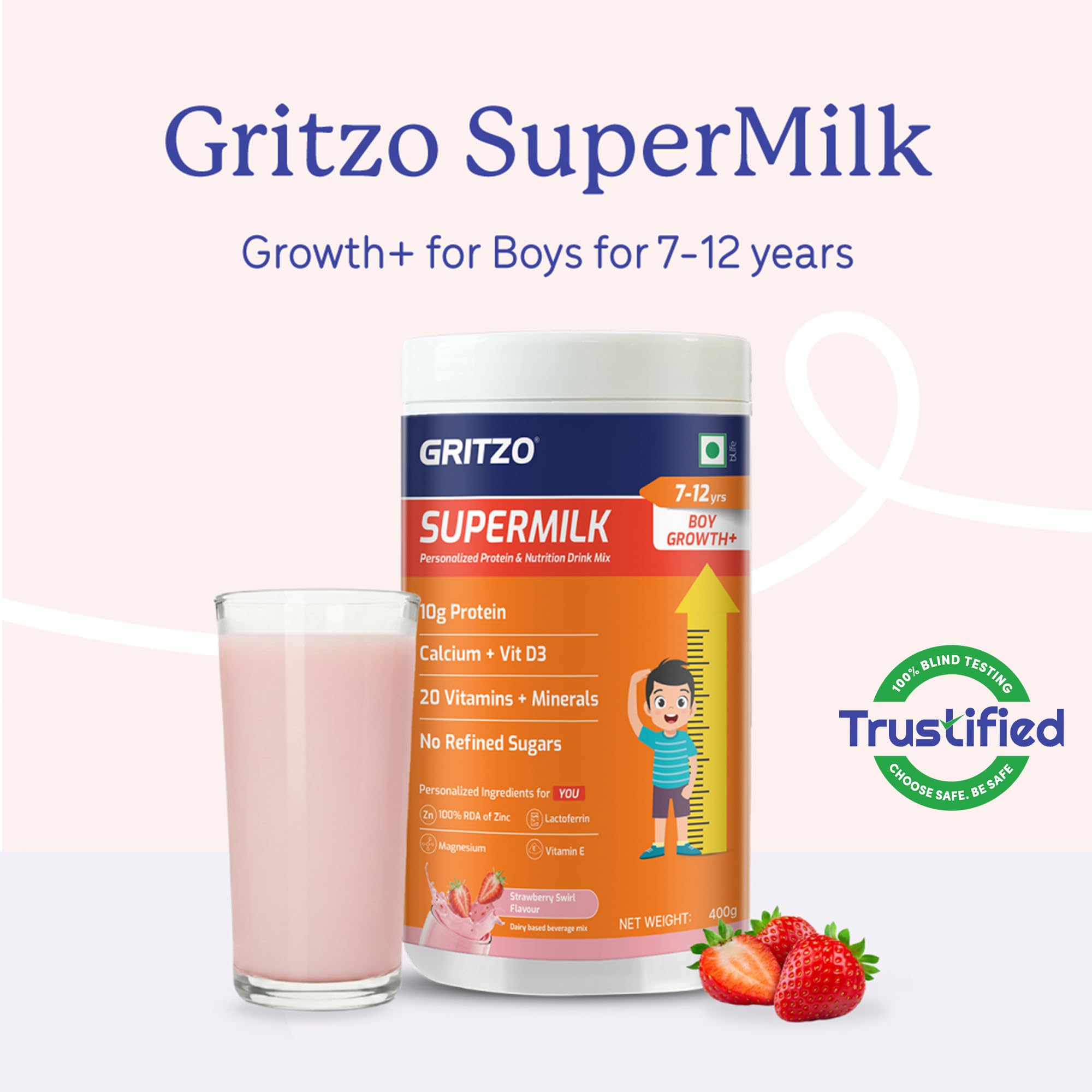 Gritzo SuperMilk Growth+ (7-12y Boy), Strawberry Swirl, 400g