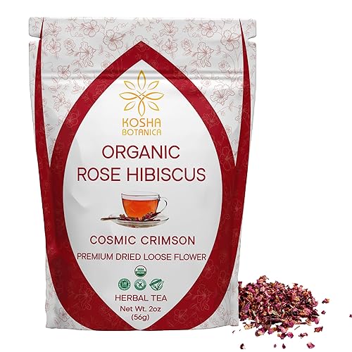 Kosha Botanica Té orgánico USDA de mezcla de hierbas de rosa e hibisco 65+ porciones de 2 onzas (1.98 oz) Hoja suelta seca natural premium Té de