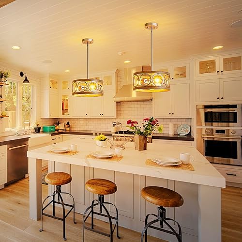 Miniatura 7 de XINGQI Lámpara colgante de tambor rústico de 13 pulgadas, lámpara de techo moderna de 3 luces de altura ajustable para comedor, cocina, isla, sala