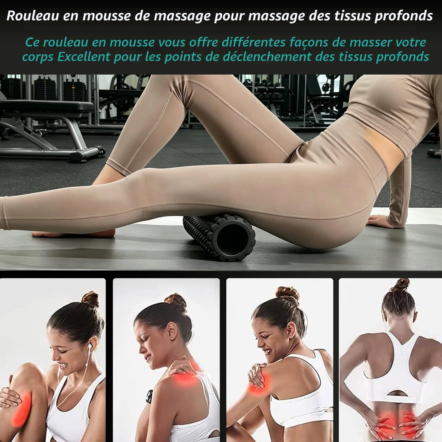 Rouleau de massage pour fascia, dos et colonne vertébrale, soulager les tensions musculaires, pour le dos, les jambes (30 x 10 cm) (Noir)