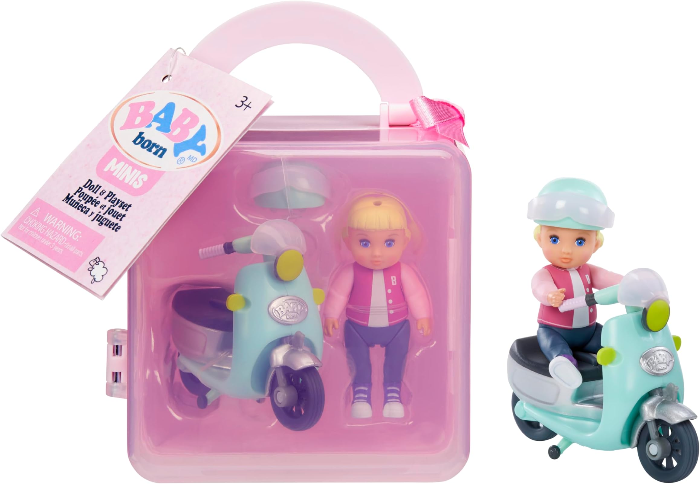 MINIS Playset - Light Skin Tone Doll with Blue Eyes, Scooter & Helmet Accessory, Includes Reusable Carrying Case for On-The-Go Playtime