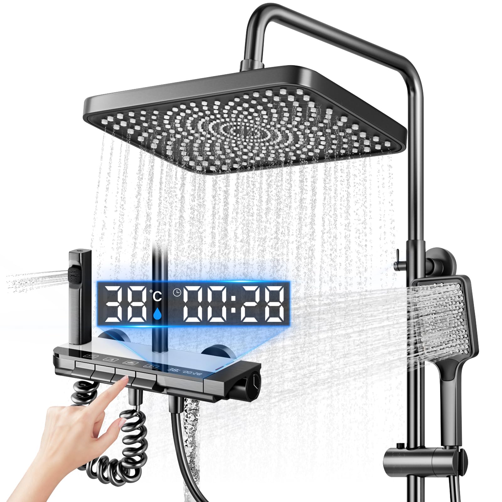 Columna de Ducha Termostatica con Pantalla Digital LED, Cabezal de Ducha XL estilo Lluvia, Ducha de Mano, Rociador auxiliar y Grifo Cascada – Acero Inoxidable - Baño de Lujo y Confort