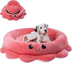 Jiupety Cute Calming Dog Beds Clearance for Large Dogs, Anxiety Bolster Dog Bed with Octopus Shape, Pink, Red, L, Boho, Round Pet Bed Cat with Removable Cushion
