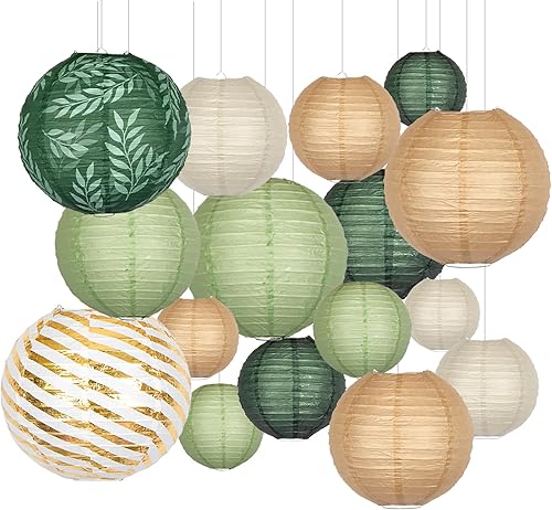 Faroles redondos de papel chinos, decorativos, 16 unidades, color verde salvia, marrón, para graduación, cumpleaños, boda, temática de selva, baby