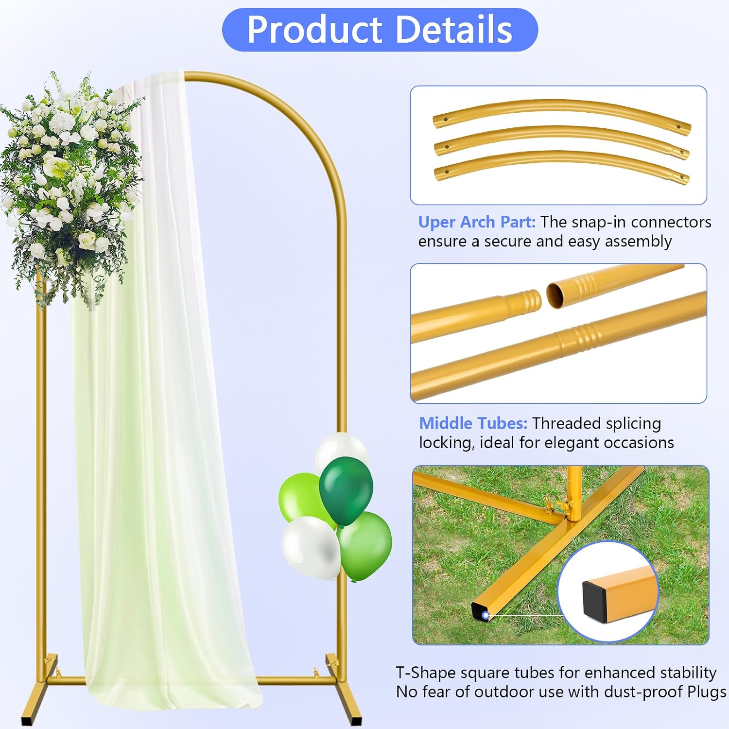 HEMMOTOP Metal Arch Backdrop Stand, Gold, 6.6ft image 3