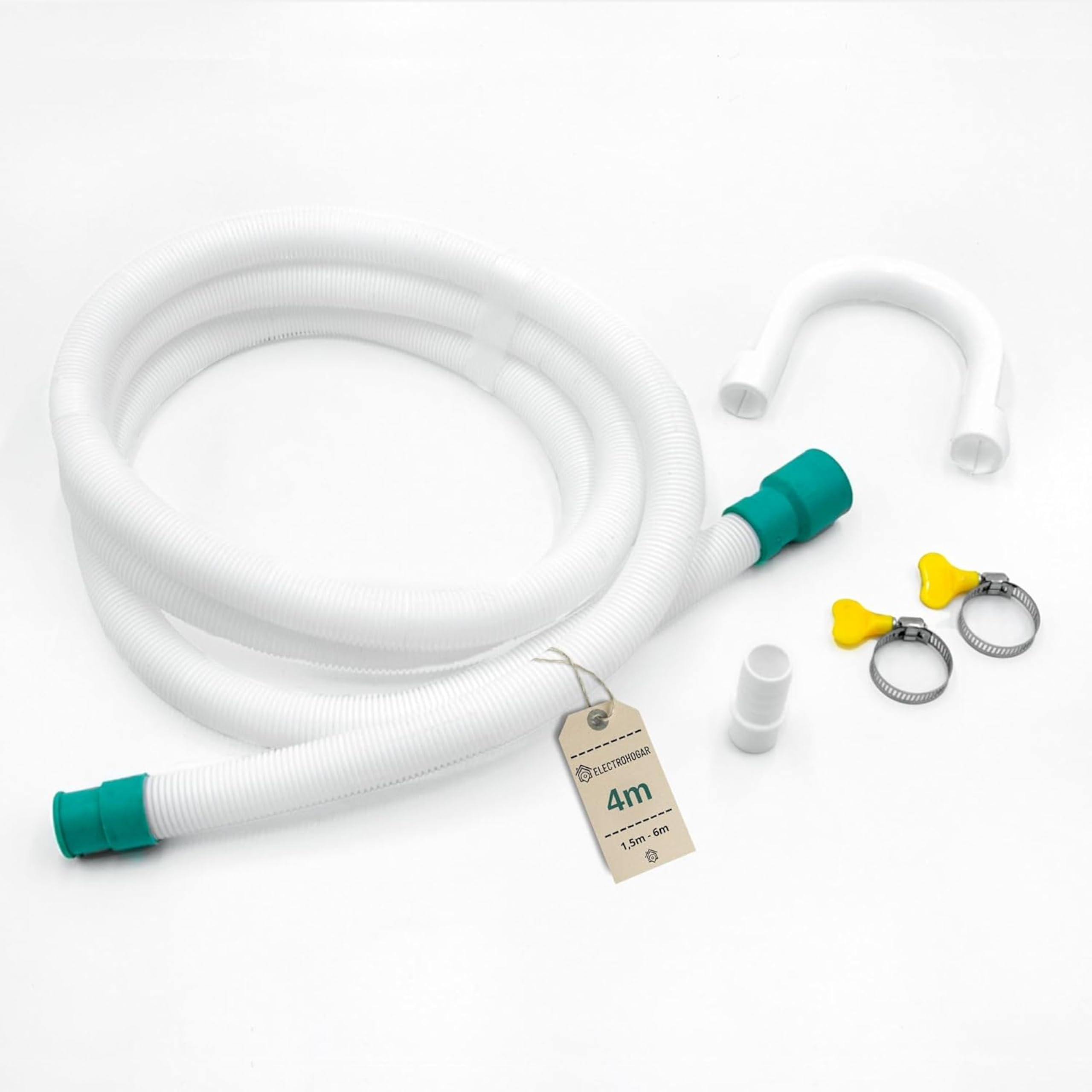 ELECTROHOGAR Manguera Lavadora 4 Metros | Kit Unión Lavadora Secadora | Empalme Para Desagüe Lavadora Con Accesorios De Conexión | Compatible Con Todas las Marcas: LG, Bosch, AEG, Teka, Electrolux