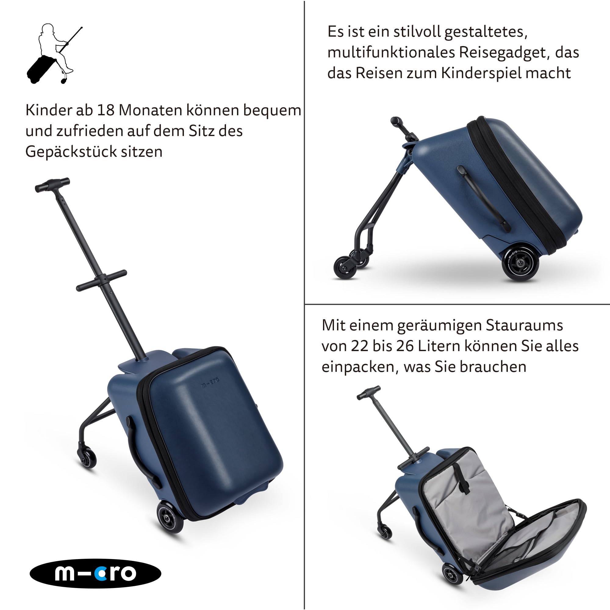 Micro™ Ride on Luggage Eazy Weekender | Das ORIGINAL | Reisetrolley mit Rollen | Höhenverstellbar & klappbar | Einkaufstrolley und Handgepäck konform | Koffer & Trolley in einem