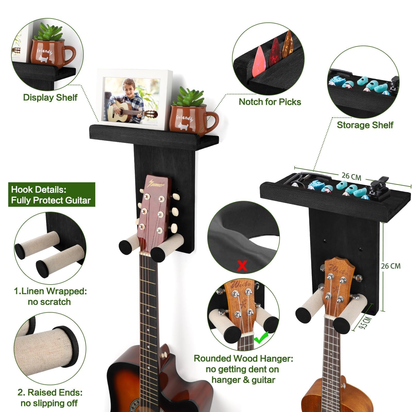 Support Guitare Mural, Porte Guitare Mural Lot de 3, Accroche Guitare Mu-ral pour Guitare Acoustique Adulte, Guitar Electrique, Ukulélé, Basse - Noir