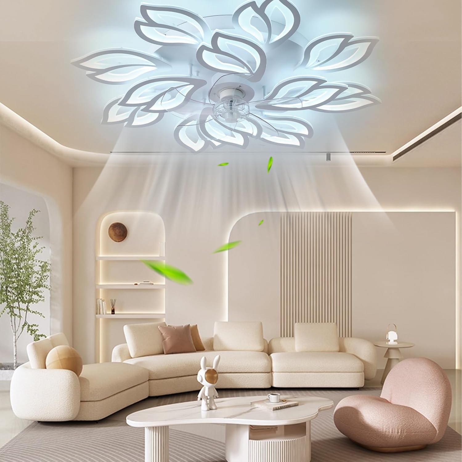 35''Ceiling Fans with Lights, Modern Ceiling Fan with Lights and Remote, Dimmable Bladeless Ceiling Fans Light, Low Profile Ceiling Fan 6 Speed Reversible Blades Timing 130W for Kids Bedroom White