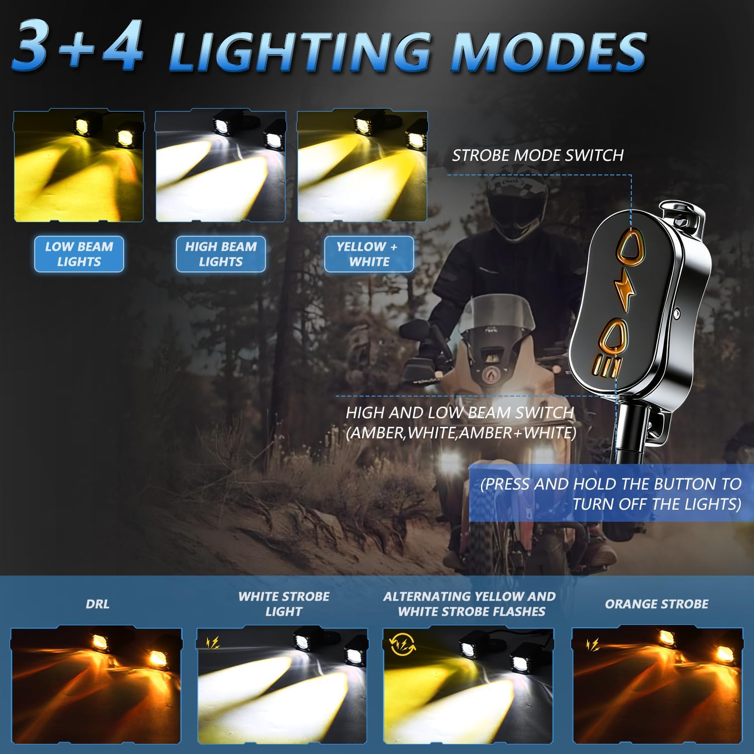MONDEVIEW Motorcycle Auxiliary LED Light Kit Driving Spotlights Fog Lights with Mount Brackets Wire Harness Waterproof, Amber/White High & Low Beam, Compatible with Motorcycles, ATVs, and UTVs, 2PCS