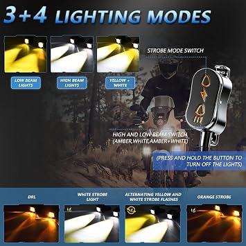 MONDEVIEW Motorcycle Auxiliary LED Light Kit Driving Spotlights Fog Lights with Mount Brackets Wire Harness Waterproof, Amber/White High & Low Beam, Compatible with Motorcycles, ATVs, and UTVs, 2PCS