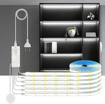 12V COB LED Strip Lights Kit 3.3Ft 6-in-1 Self-Adhesive with 36W Adapter | LED Under Cabinet Lighting Dimmable Touch Switch for Acoustic Panel Display Cabinets Wardrobes Cabinets Showcase Lighting