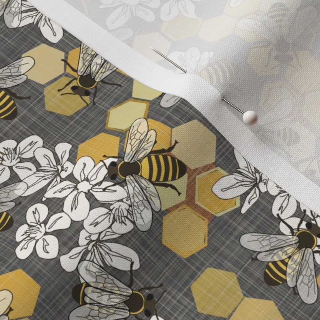 Spoonflower Fabric - Honey Bees Grey Small White Yellow Floral Nature Modern Spring Printed on Petal Signature Cotton Fabric Fat Quarter - Sewing Quilting Apparel Crafts Decor