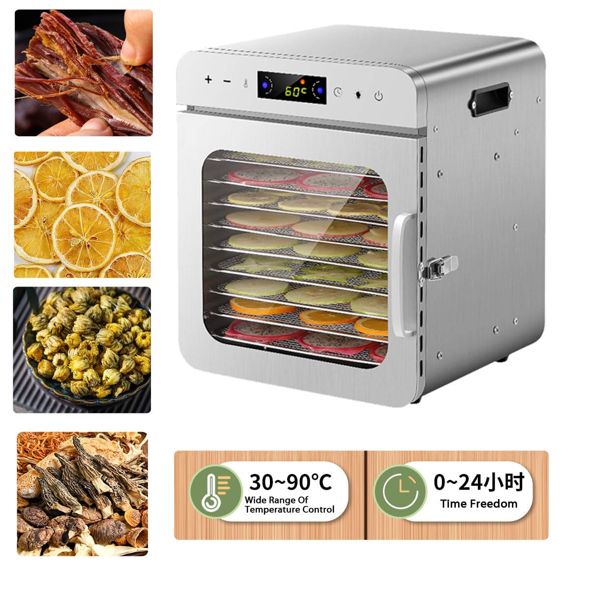 Deshidratador eléctrico de alimentos con 10 bandejas, deshidratador de snacks, deshidratador de frutas, verduras y carne, acero inoxidable, temporizador ajustable para frutas, verduras, carne y masc