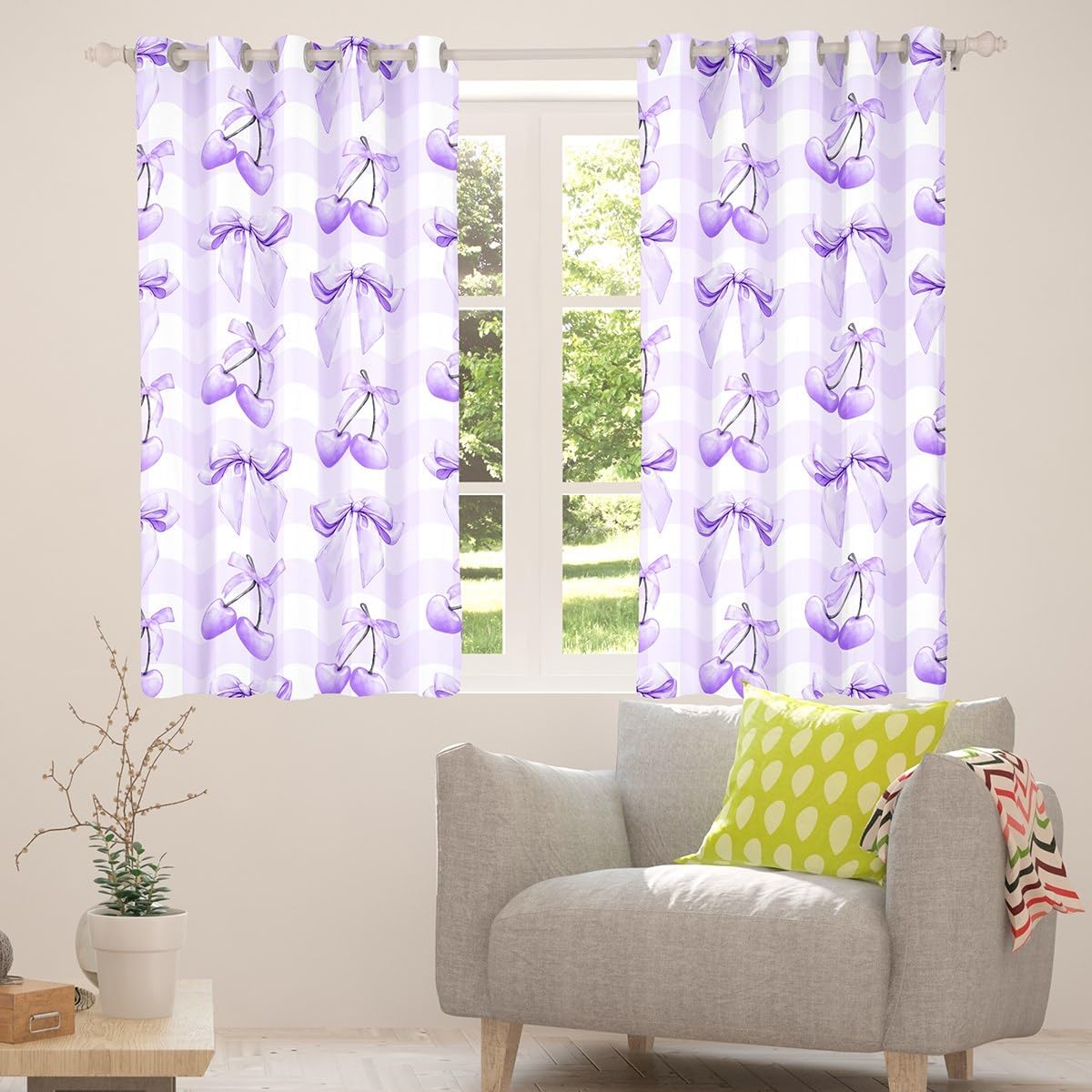 Erosebridal Purple Plaid Bowknot Window Treatments 42" Wx84 L for Kids Teen Adults,Watercolor Ribbon Bow Curtain Dreamy Princess Bowknot Window Curtain Buffalo Plaid Geometric Curtains & Drapes