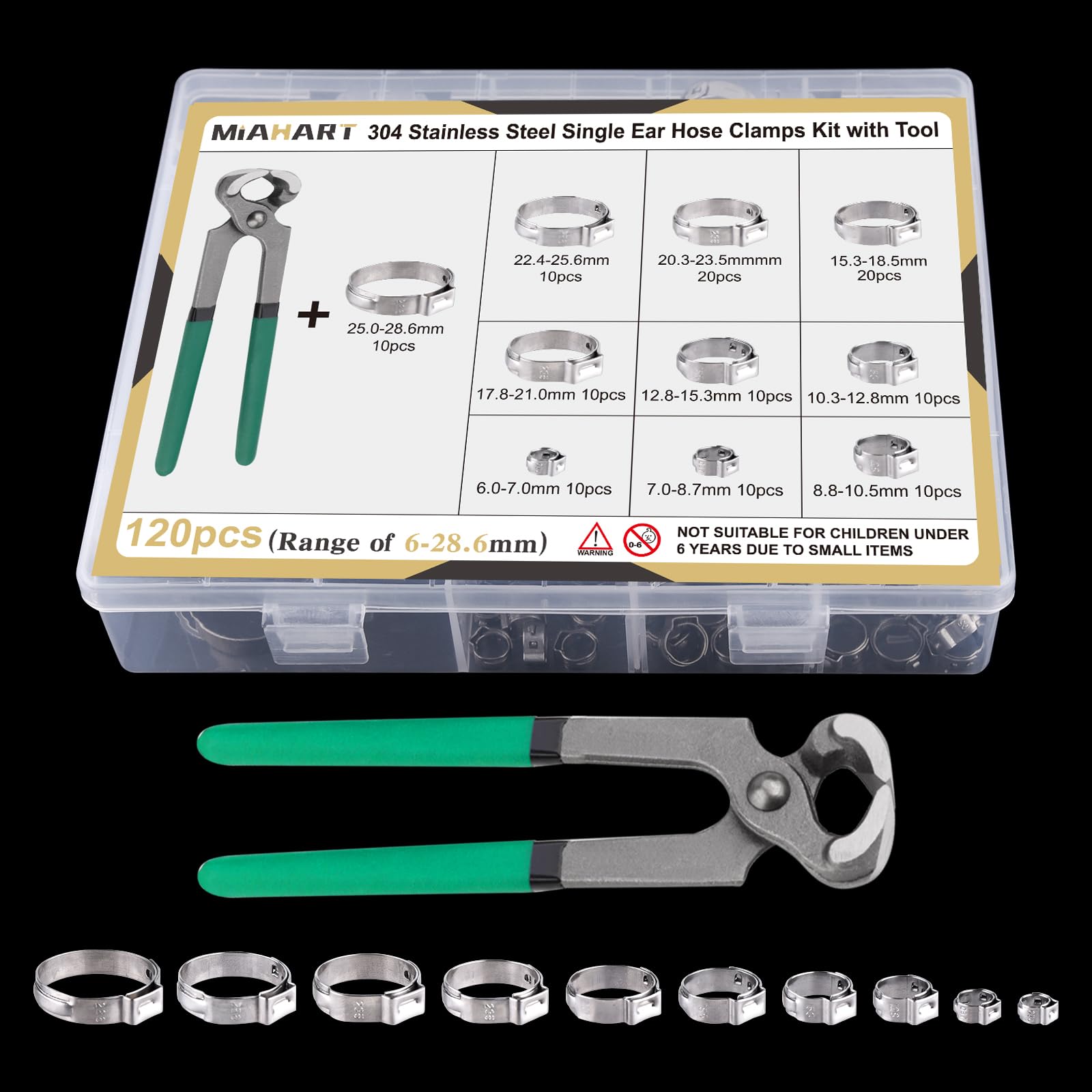 MIAHART 120Pcs Colliers de serrage à une oreille en acier inoxydable avec 10 tailles Pince à sertir en continu 304 pour sécuriser les tuyaux flexibles PEX et l'utilisation automobile