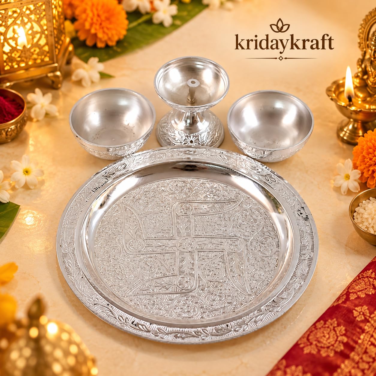 Silver Plated Pooja Thali Set with Diya & Bowls -4