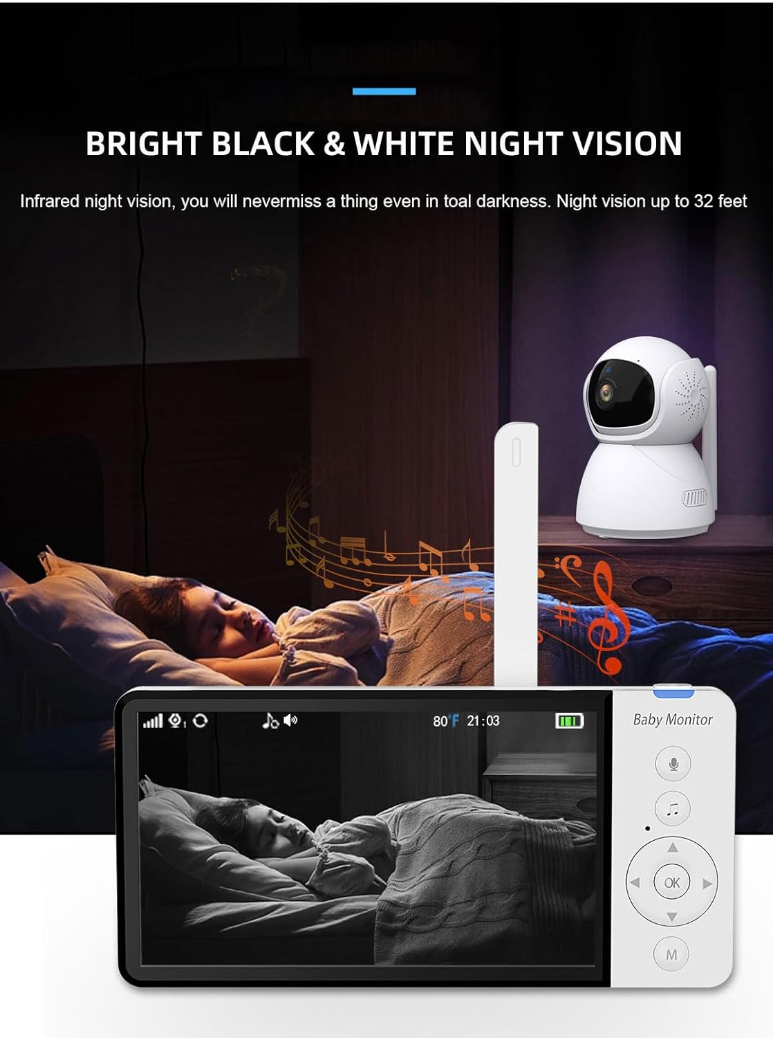 Image showing the baby monitor's night vision capability in a dark room.