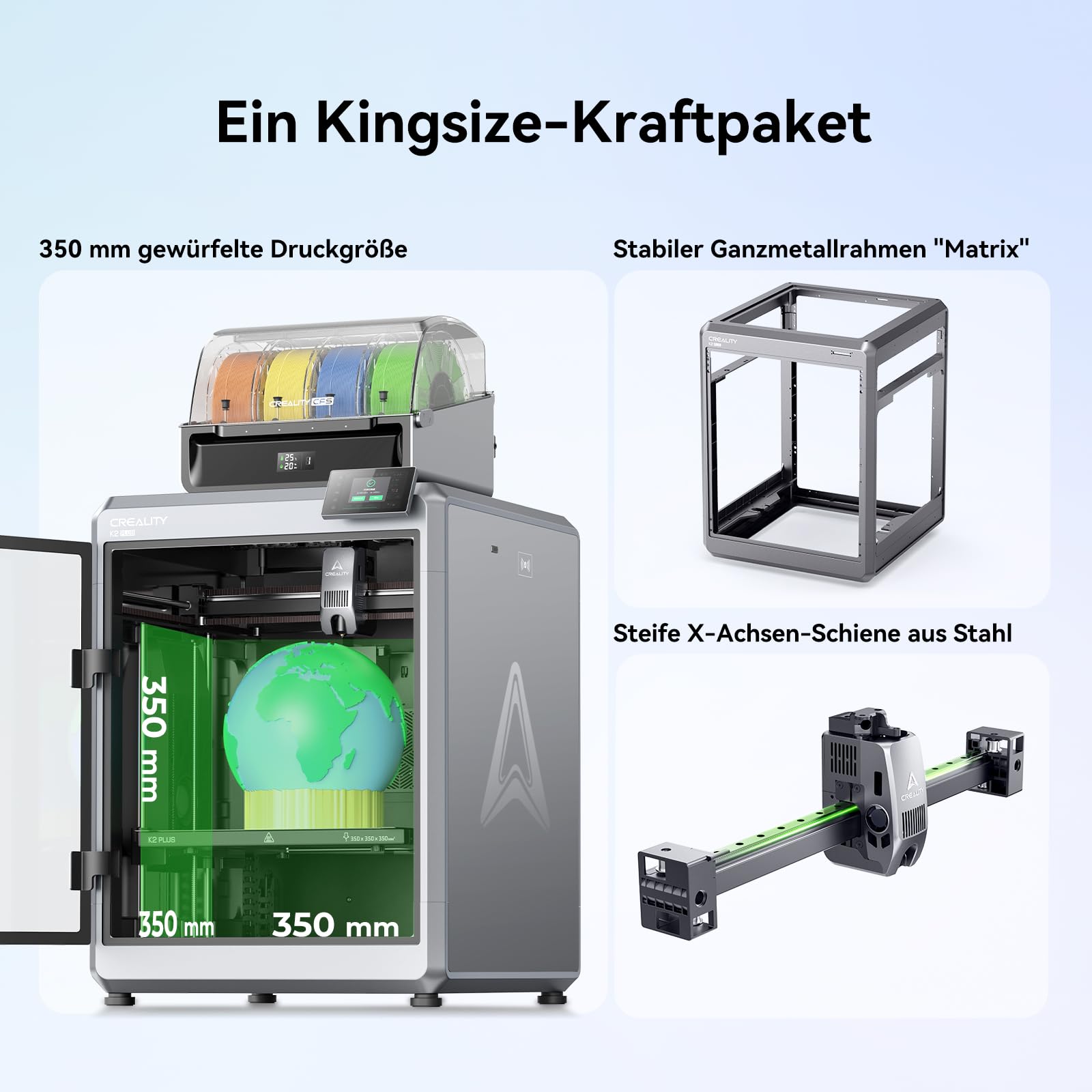 Creality K2 Plus Combo 3D Drucker, Mehrfarbig mit CFS, Großes Bauvolumen 350x350x350 mm, Geschwindigkeit 600 mm/s, Aktiv beheizte Kammer für PLA-CF PA PET ASA PPA