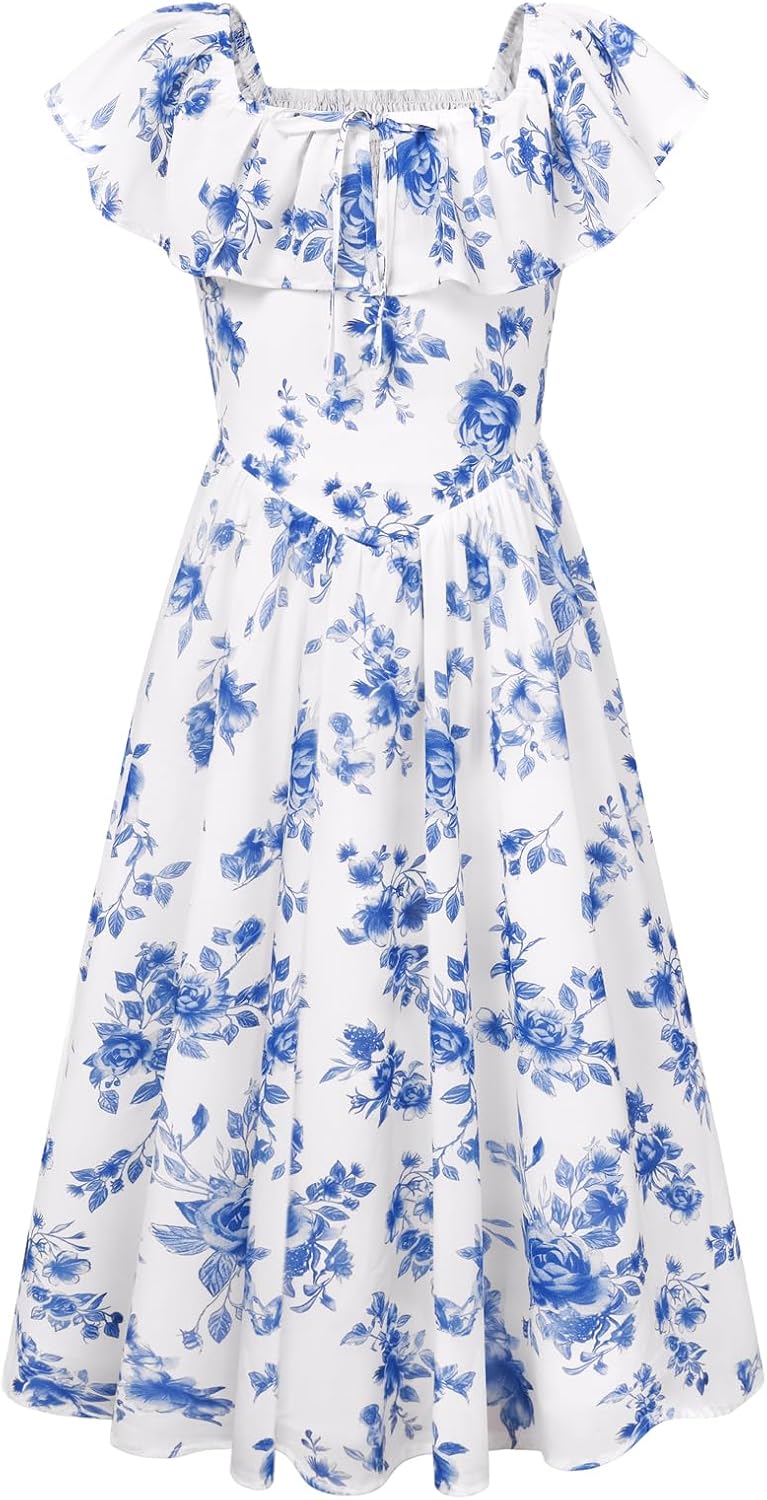 GRACE KARIN Girls Floral Dress Summer Midi Dress Off Shoulder Ruffle Spring Long Dresses