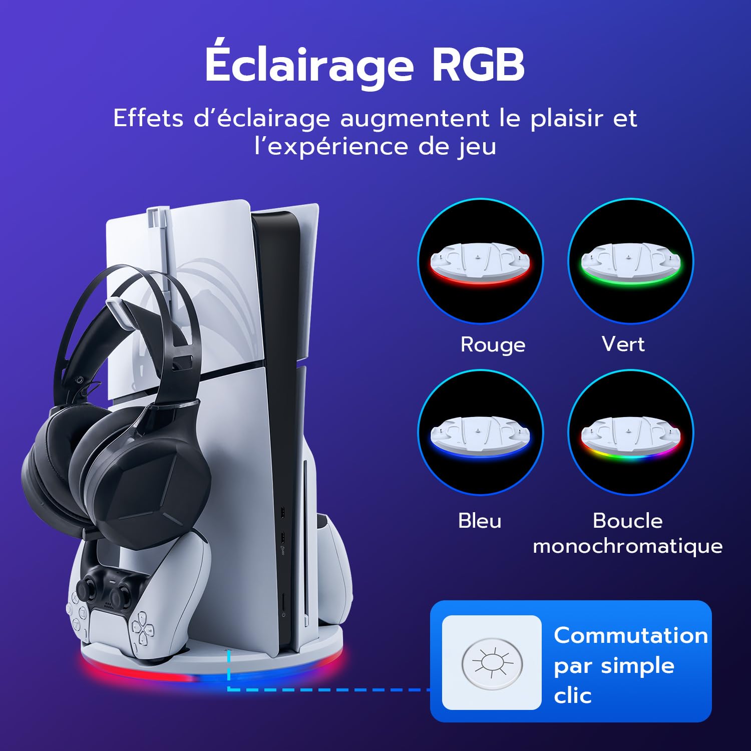 Wigearss Support Vertical pour PS5 Slim, Station de Charge Rapide pour Deux Manettes avec Crochet Casque et Lumière LED, Compatible avec la Console PS5 Slim DE/UHD(Pas pour PS5/Pro)