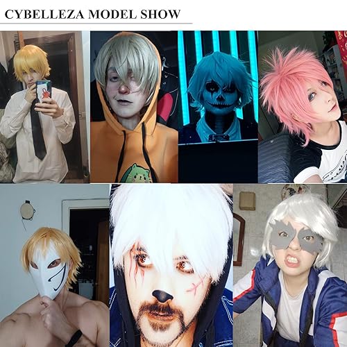 Miniatura 4 de Peluca de cosplay de anime, pelucas cortas azules para mujereshombres, peluca sintética rizada y recta, peluca de disfraces de Halloween, peluca de