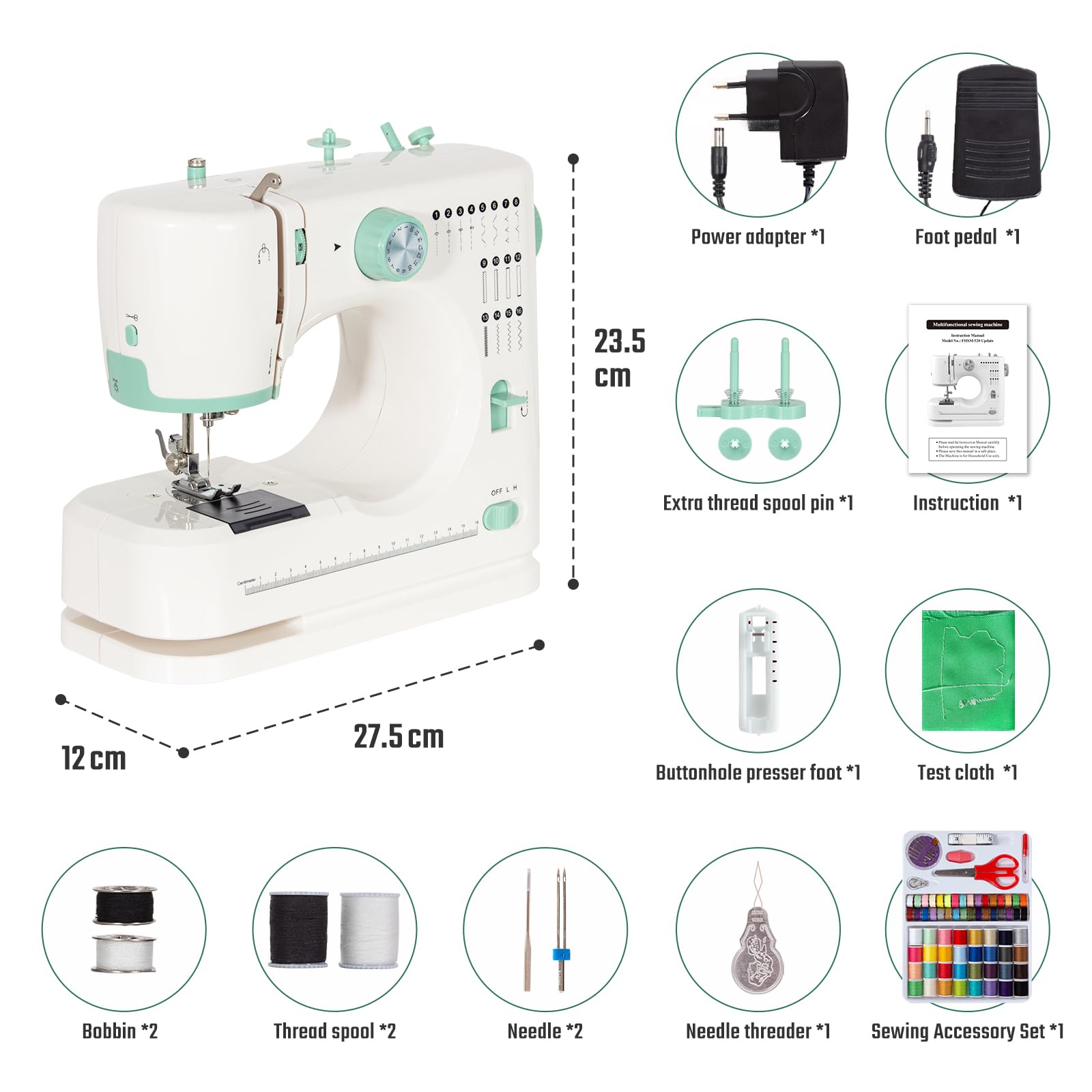 Todeco Macchina per Cucire Automatica con 16 Operazioni di Cucito, Ago doppio e filo doppio, Macchina Cucire Portatile, per Principianti e Bambini, Pedale e Kit da Cucito (Verde)