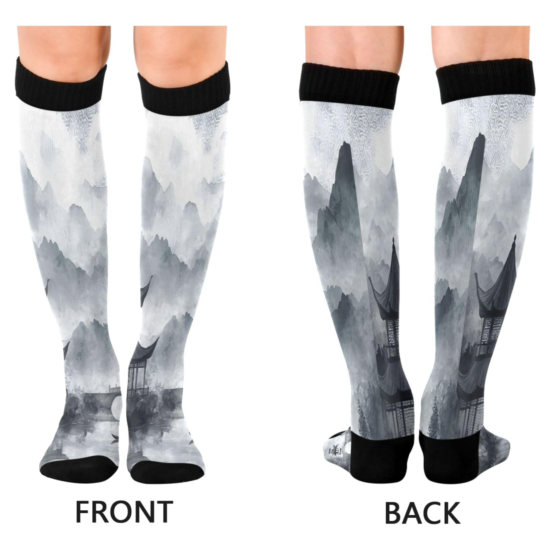 Burbuja Chinese Ink Painting Landscape Compression Socks for Women Men (20-30mmHg), Knee High Socks Circulation Support for Sport Running Hiking Nurse, 1 Pair