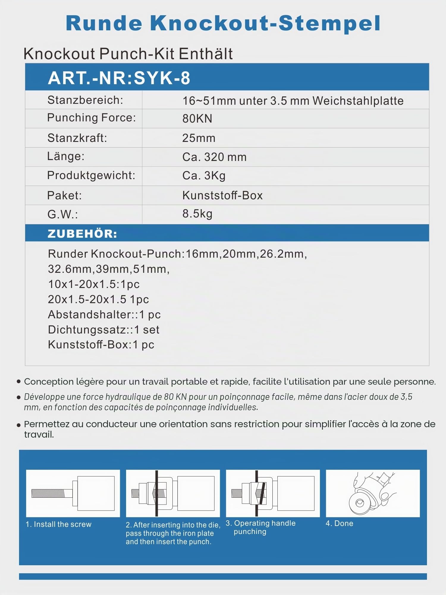 AMZCNC Kit de perforatrice hydraulique Knockout - 10 t - Pompe manuelle en acier - Outil de découpe avec 6 matrices de découpe - 16 mm, 20 mm, 26,2 mm, 32,6 mm, 39 mm, 51 mm