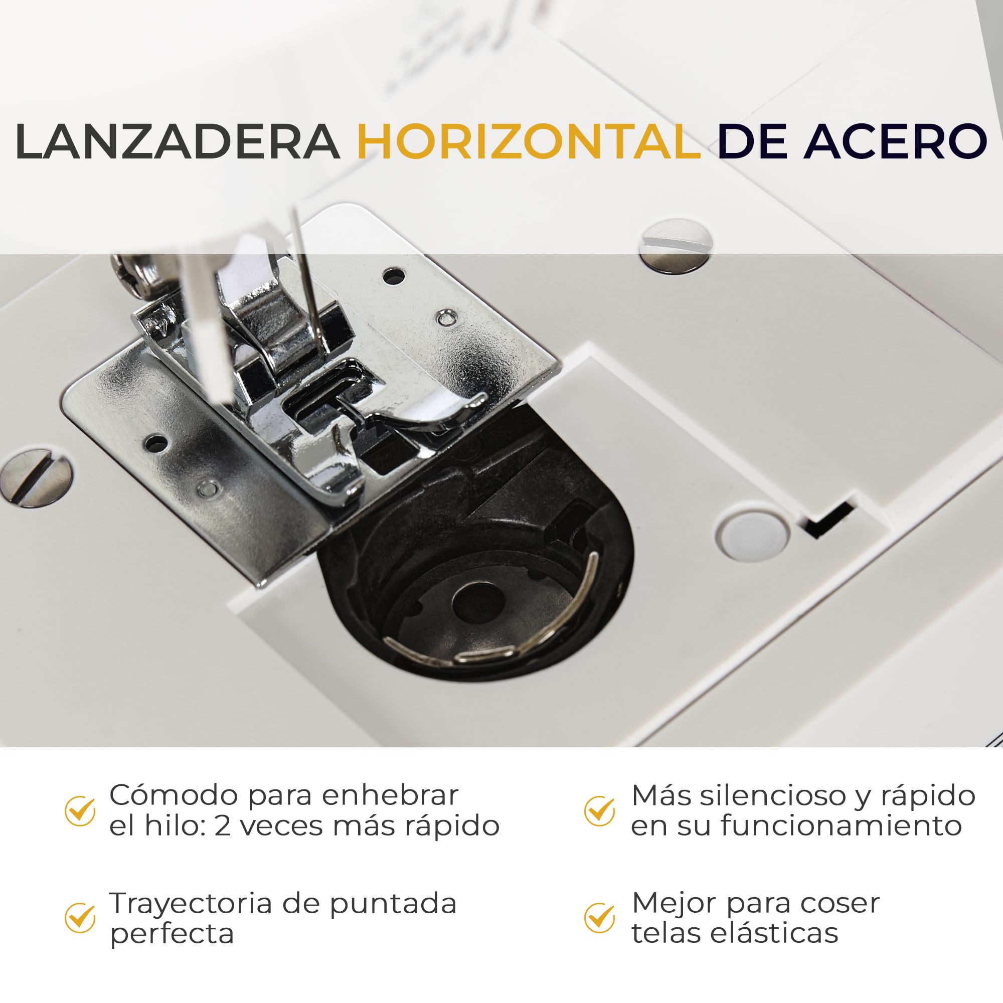 Máquina de Coser Mini Compacta EFFEKTIV 15 Puntadas, 27 × 30 cm, Estructura Metálica, Lanzadera Horizontal, Enhebrador Automático, Para Todo Tipo de Telas, Mesa Extensible