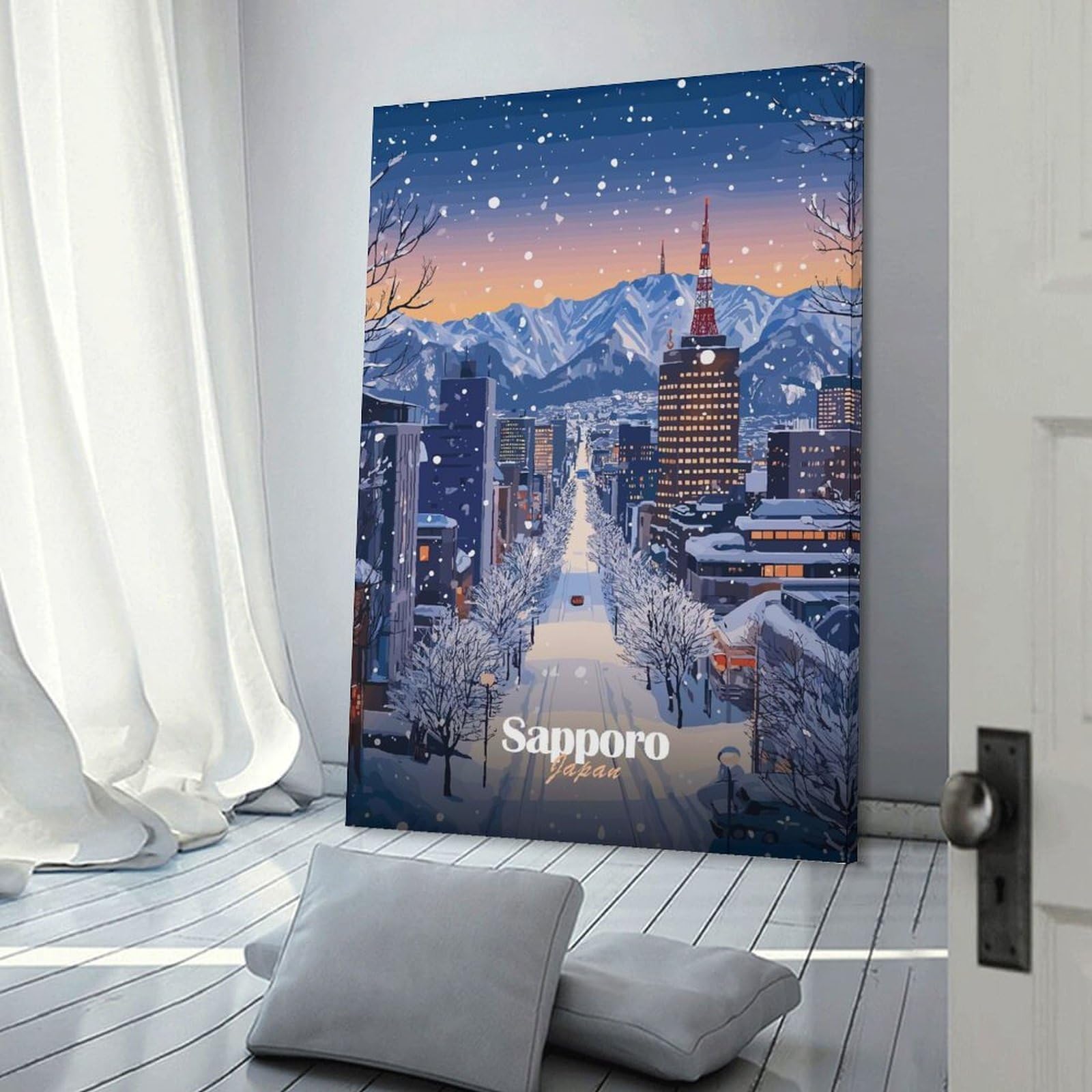 Junmoney Snowy Sapporo Cityscape Decorative Wall Artwork 24x36inch(60x90cm), for Living Room, Bedroom, Office Or Hallway, Decorative Artwork with Broad Appeal