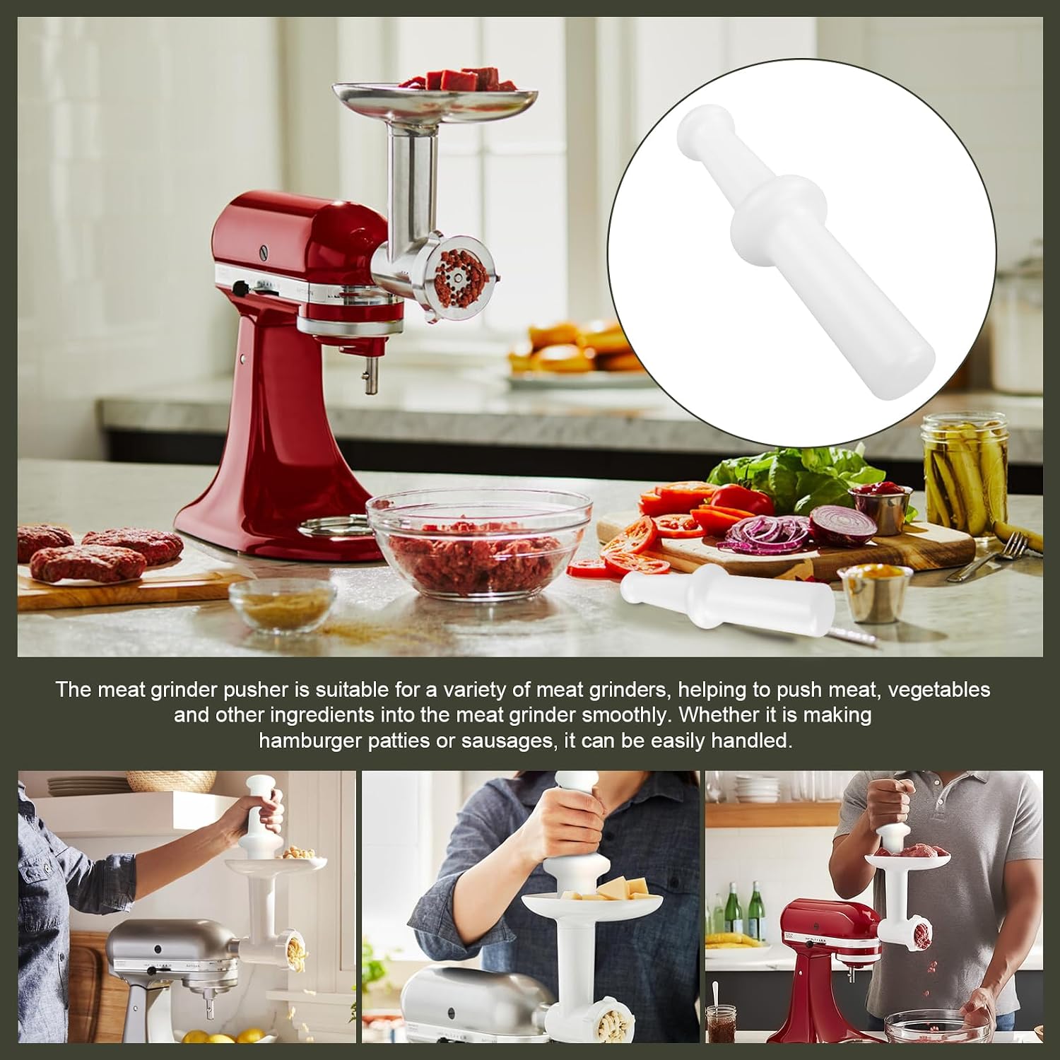 Meat Pusher Tool Meat Grinder Plunger for Lem Kitchenaid Food Meat - Universal Meat Grinder Parts 9.8 Inch Length, 2.6 Inch OD