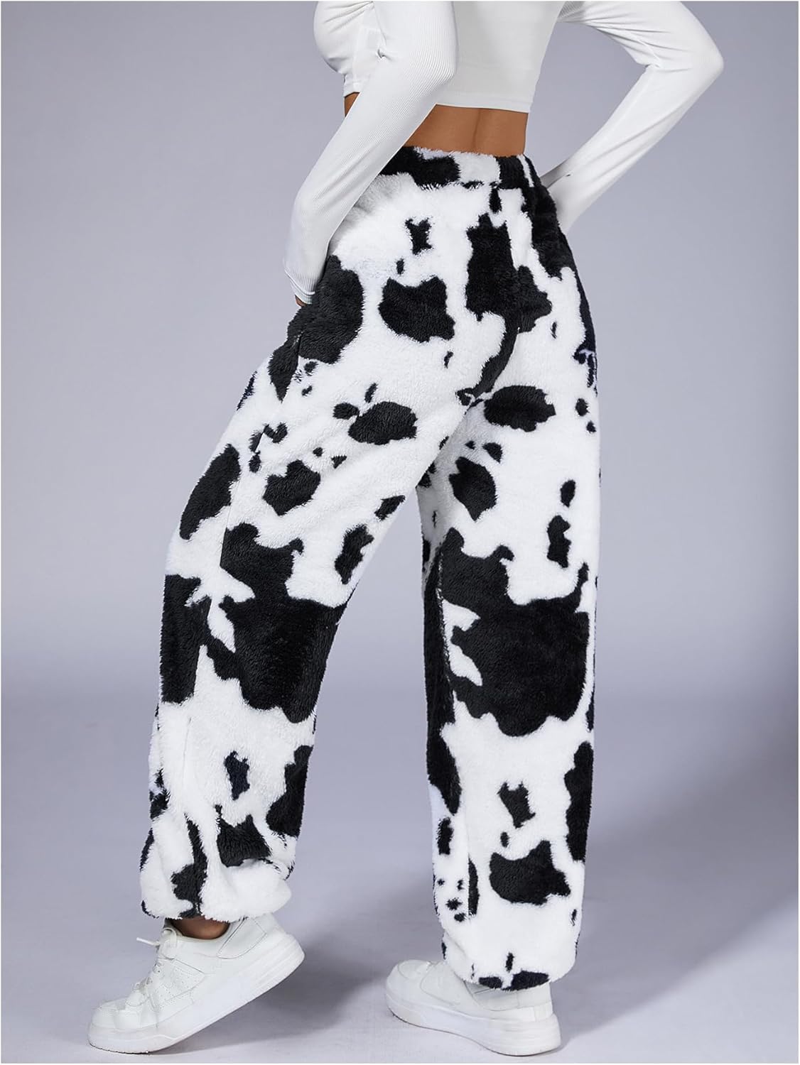 WDIRARA Women's Cow Print Elastic Casual Straight Leg Teddy Fluffy Fuzzy Warm Pants - Image 5