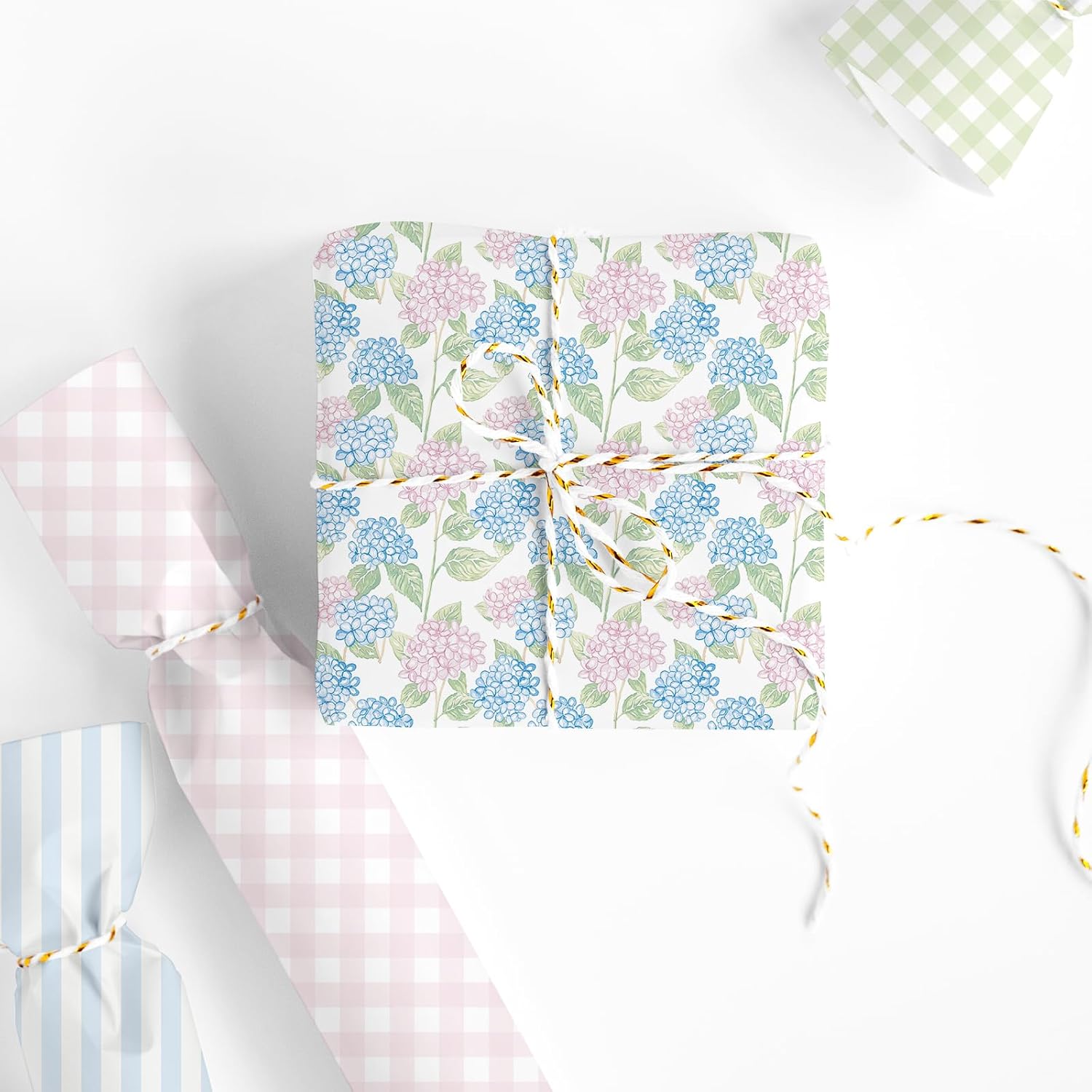 Whaline 12 Pcs Hydrangea Cotton Fabric Bundles Fat Quarters Pastel Flower Bow Plaid Stripe Sewing Fabrics for Spring DIY Craft Party Decor, 18 x 22 Inch