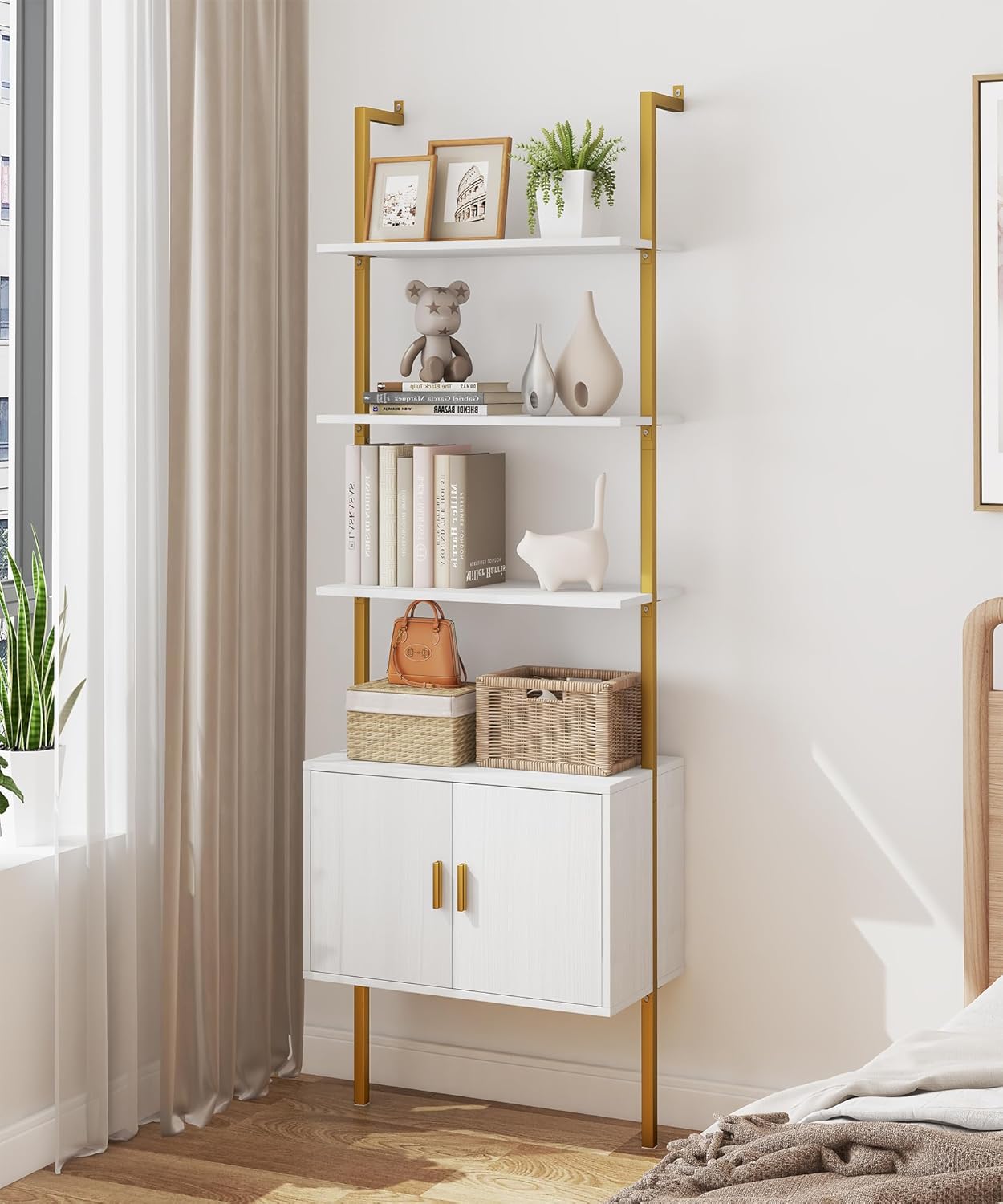 Yusong 73" Tall Bookshelf with Cabinet, Industrial Ladder Wall Mount Shelf Bookcase with Wood and Metal Frame, Plant Shelf Wall Storage Display for Living Room Bedroom, White Gold - Image 3