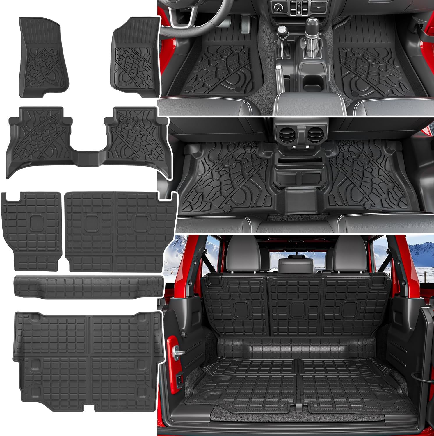 Floor Mat Compatible with 2021-2024 Jeep Wrangler JL 4XE Trunk Mat TPE Backrest Mat Replacement for 21-24 Jeep Wrangler JL Accessories (Fit 21-24 JL 4XE, Cargo Mat+Backrest Mat+Floor Mat)
