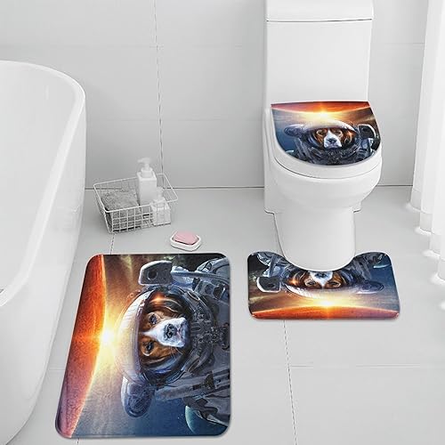 Miniatura 5 de Juego de 4 cortinas de ducha, diseño de animales astronautas espaciales, divertidos, impermeables, con alfombras antideslizantes, tapa de inodoro y